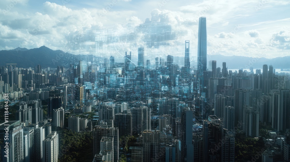 Fototapeta premium A futuristic cityscape with digital overlays showcasing technology and urban development.
