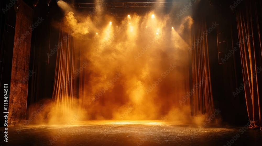 Fototapeta premium Dramatic stage with warm lighting, smoke, and curtains.
