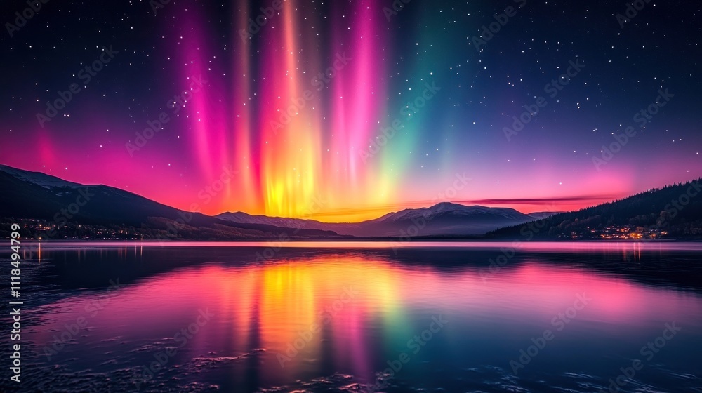 Vibrant aurora borealis reflected in a calm lake at night. Vibrant aurora borealis reflected in a calm lake at night.