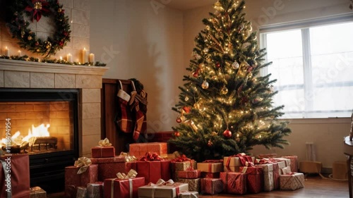 a cozy Christmas scene with a lit fireplace, a decorated Christmas tree, and several wrapped presents placed under the tree and near the fireplace. The atmosphere is warm and festive.
