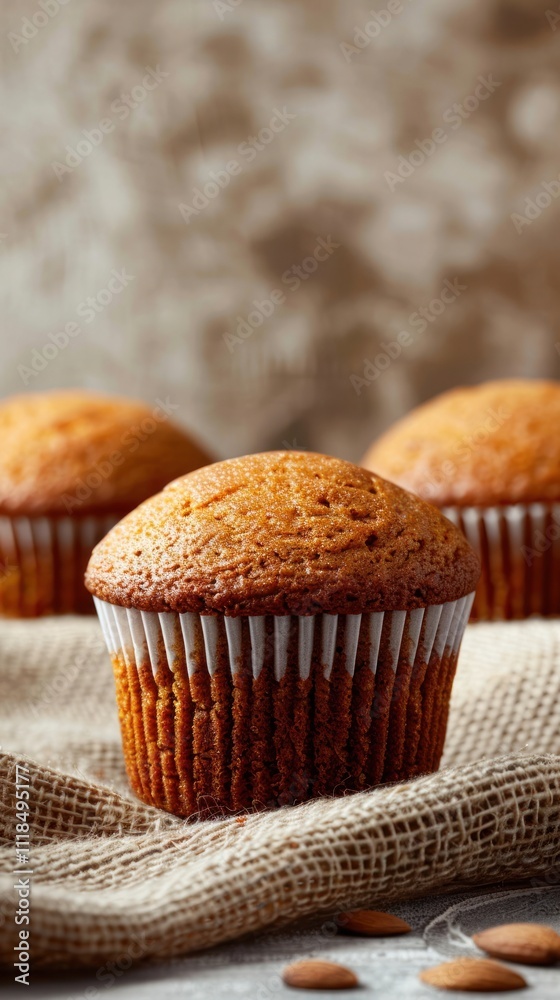 Freshly baked homemade cupcakes or muffins on a rustic burlap background with scattered almonds These golden delicious pastries are a tempting treat perfect for any moment of indulgence Freshly baked homemade cupcakes or muffins on a rustic burlap background with scattered almonds These golden delicious pastries are a tempting treat perfect for any moment of indulgence