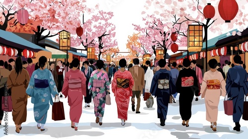 A traditional Japanese festival with people in yukata strolling under sakura trees, colorful stalls and decorations adding to the lively atmosphere photo