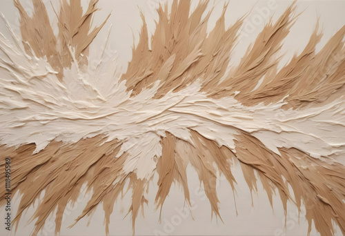 swirling patterns in warm beige and cream tones. thick brushstrokes create depth and movement across the canvas. an abstract composition with layered textures and fluid forms.