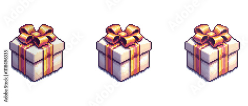 Pixel art style gift box with a large golden bow on top and golden ribbons wrapped around it.
