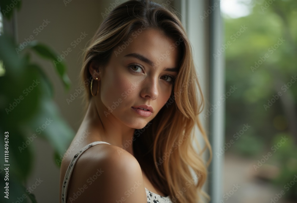 Fototapeta premium A woman with long blonde hair looks over her shoulder at the camera.