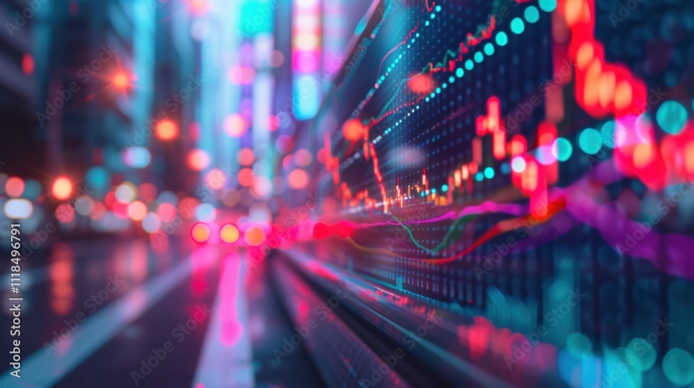 A series of blurred lights in motion resembling a stock market graph. The image symbolizes the volatility and uncertainty of markets affected by inflation which can have a