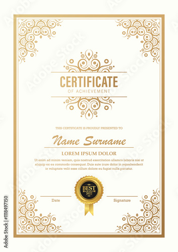 Certificate of achievement template in vector with applied Thai line in yellow gold tone