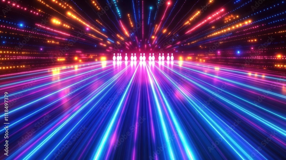 Fototapeta premium Vibrant neon light streaks converge on glowing figures in a dark tunnel.