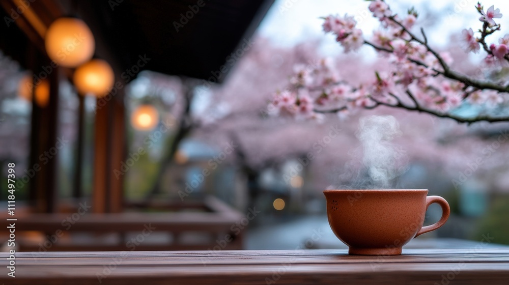 A traditional Japanese tea house nestled among sakura blossoms, steam rising from a cup of tea on a wooden deck A traditional Japanese tea house nestled among sakura blossoms, steam rising from a cup of tea on a wooden deck