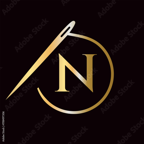 Letter N Tailor Logo, Needle and Thread Logotype for Garment, Embroider, Textile, Fashion, Cloth, Fabric Sign