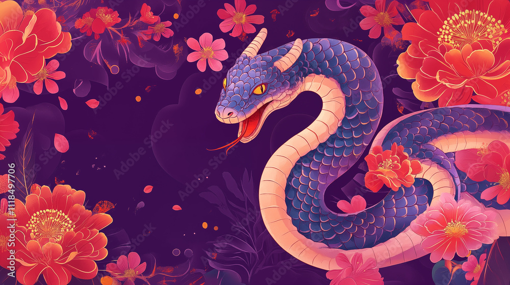 Chinese Year of the Snake Illustration with Vibrant Floral Design on Purple Background