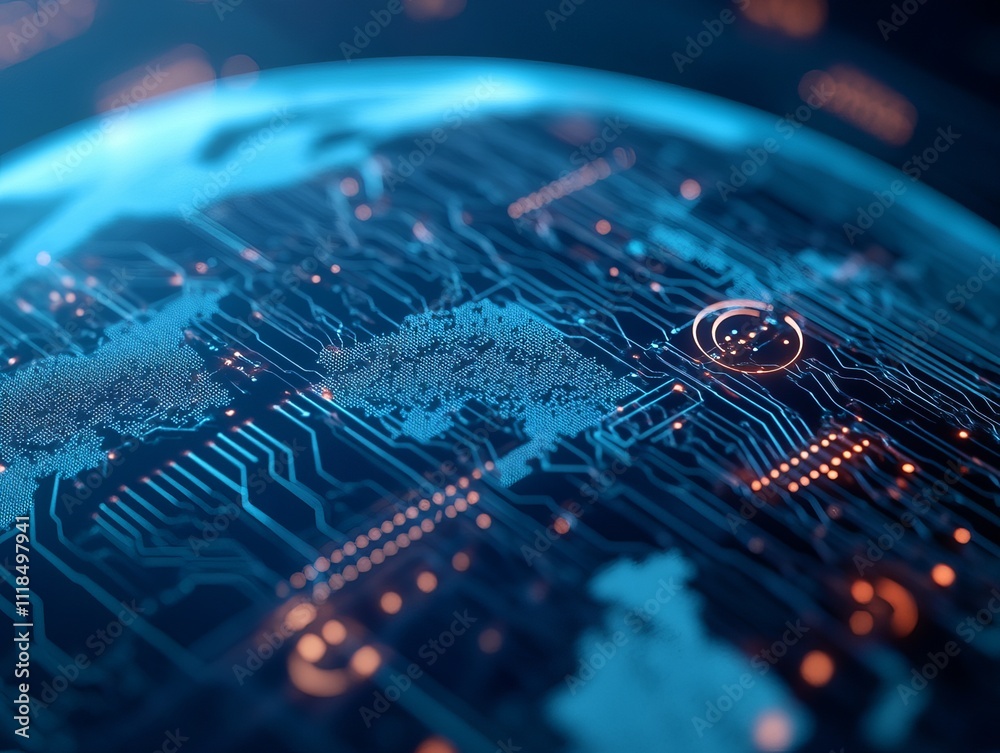 Global network connection, digital world map on a circuit board. Futuristic technology concept. Global network connection, digital world map on a circuit board. Futuristic technology concept.