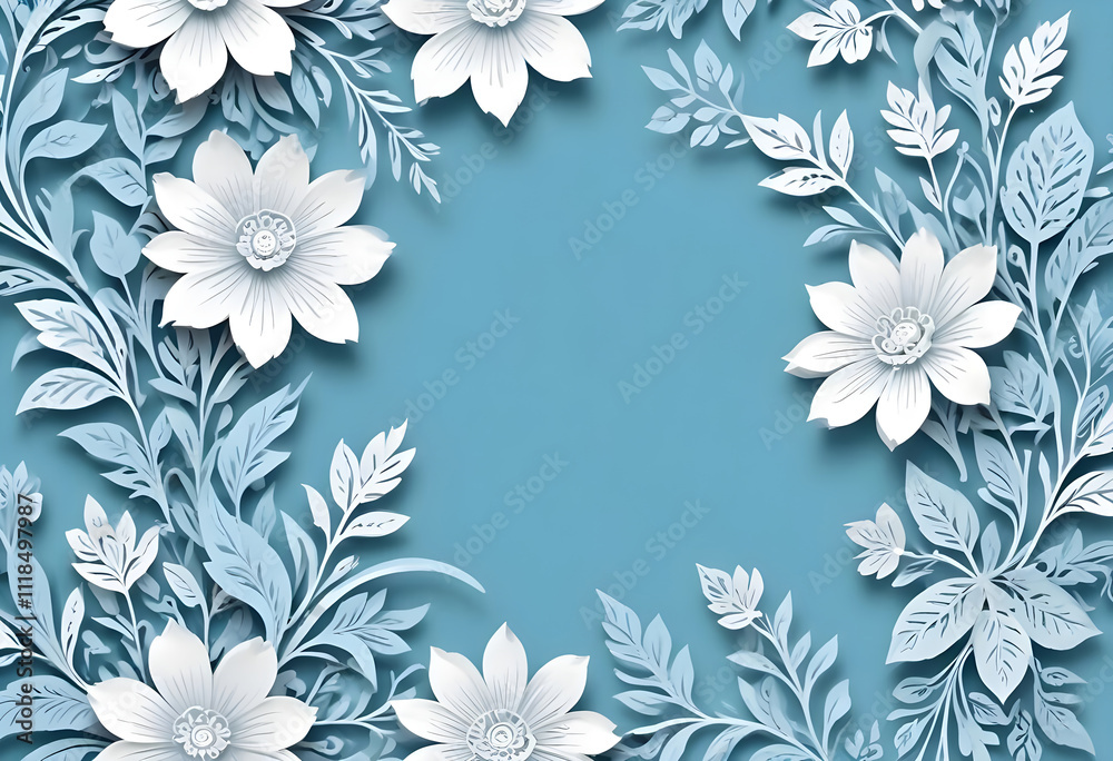 Obraz premium intricate paper cut floral design on teal background. white layered flowers with detailed leaves create depth. clean and elegant symmetrical composition with a handcrafted look.