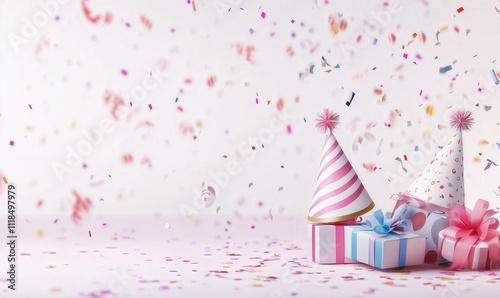 Happy birthday background with party hats, gifts, and confetti on a white background. 
