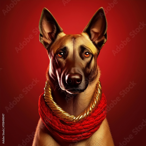 Artistic bust of Dog with red scarf gold necklace; red background Image photo