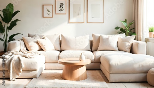 Create a cozy and minimalist living room scene with a neutral color palette. Include a large L-shaped beige sofa adorned with soft cushions and a cozy throw blanket. 