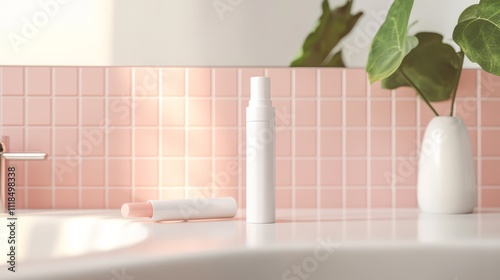 White cosmetic bottles on pink bathroom counter.