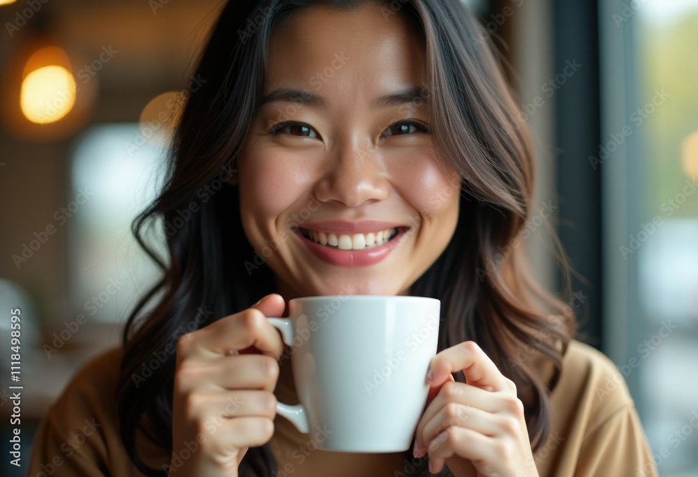 Smiling woman with long brown hair holds a white mug. Smiling woman with long brown hair holds a white mug.