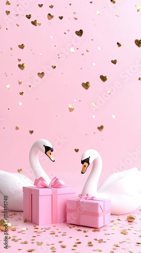 Two graceful swans sit near pink gift boxes decorated with golden hearts against a soft pink background. The atmosphere evokes a charming Valentine's Day theme filled with joy photo