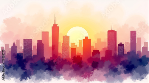 Colorful watercolor skyline at sunset with silhouettes of iconic buildings in a vibrant city