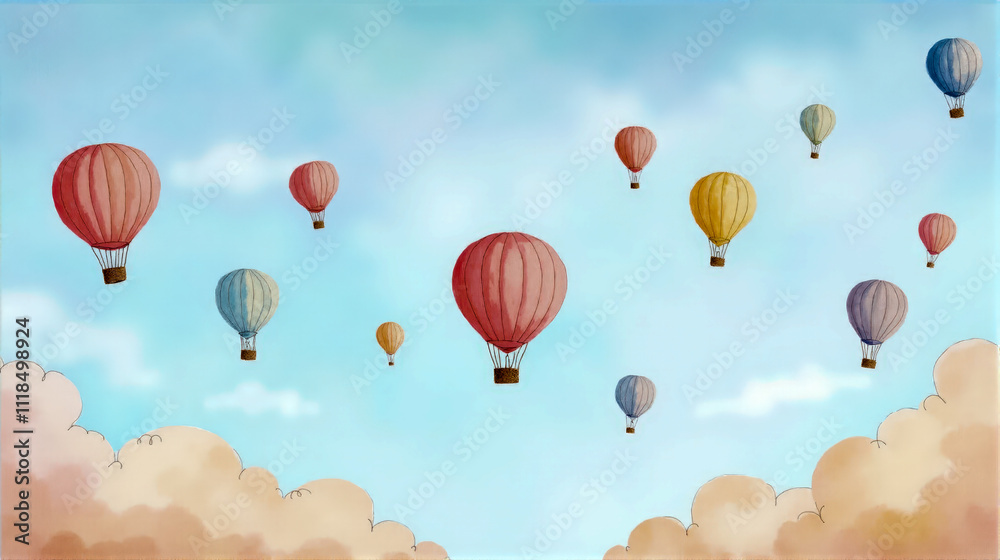 Fototapeta premium Colorful hot air balloons soaring in a bright blue sky with fluffy clouds during a serene day
