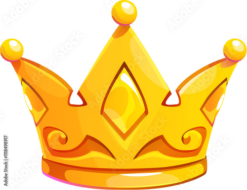 Golden crown icon, game asset. Isolated cartoon vector vibrant gold monarch headwear with ornate details, regal symbol represents authority, royalty and prestige, power, success, nobility and luxury