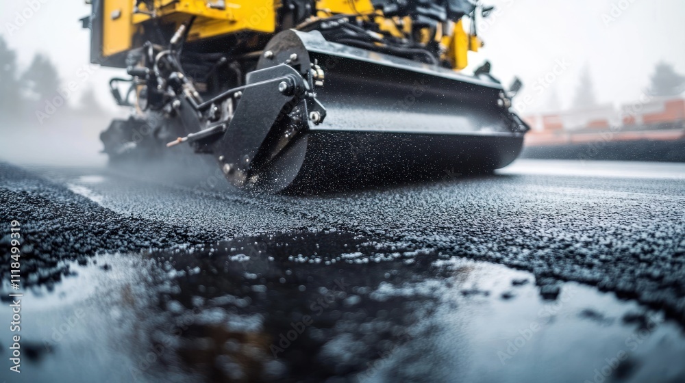 Close-up of asphalt paving machine smoothing fresh asphalt. Close-up of asphalt paving machine smoothing fresh asphalt.