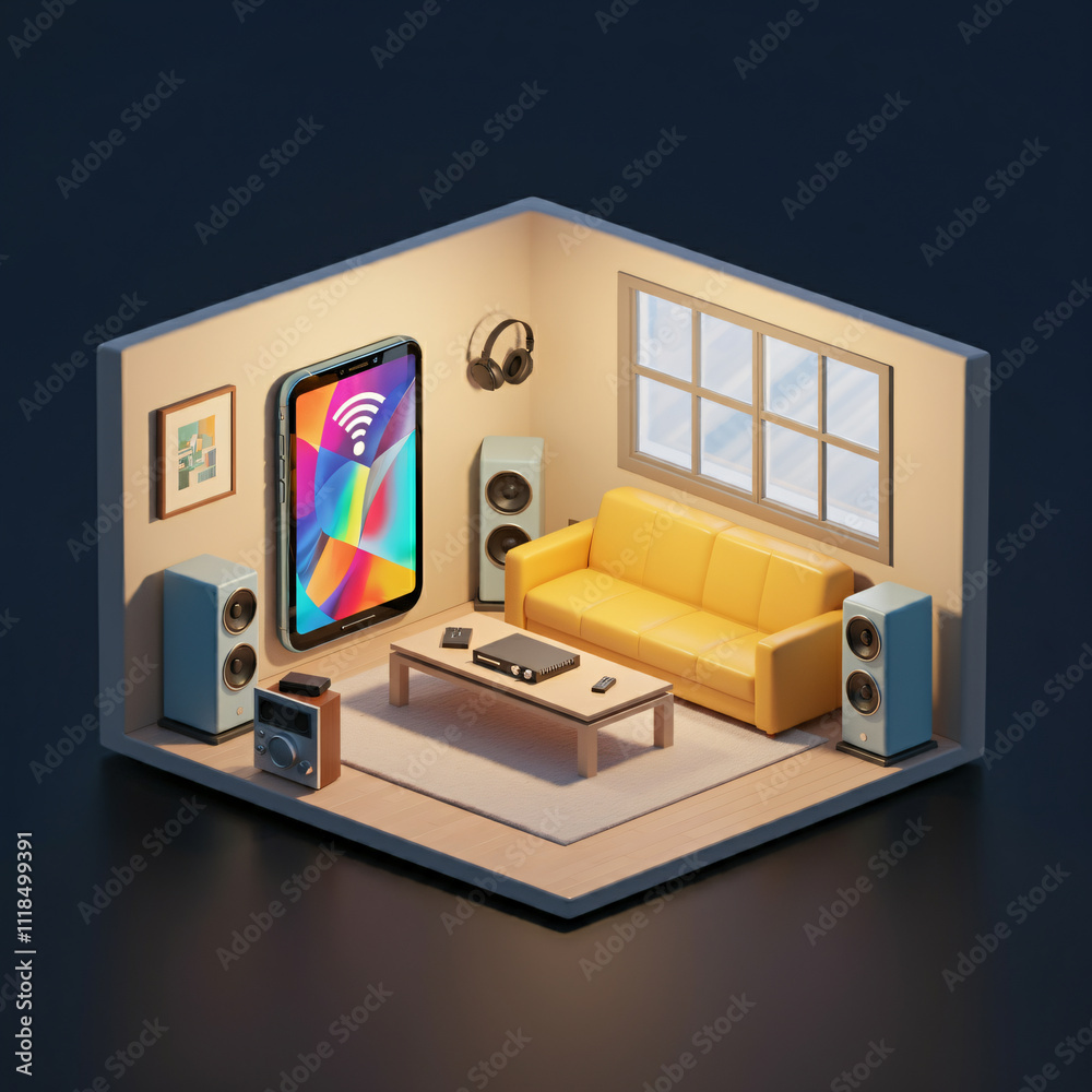 A stylized living room with a yellow couch, large smartphone on wall, and speakers. A stylized living room with a yellow couch, large smartphone on wall, and speakers.