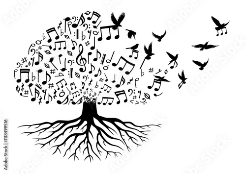 Tree with music note, music tree with flying musical notes, music note with birds flying photo