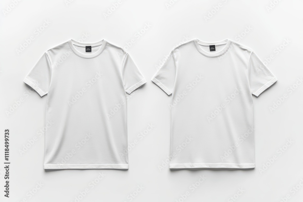Two plain white t-shirts displayed side by side on a neutral background. Two plain white t-shirts displayed side by side on a neutral background.