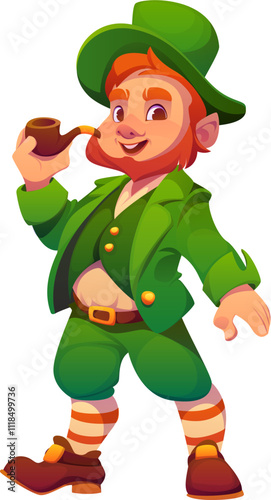Cartoon cheerful Irish leprechaun man character in traditional green suit, holding a smoking pipe, embodies Irish folklore and St Patrick Day traditions. Isolated vector fantasy elf folklore personage