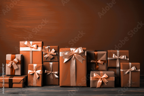 many gift boxes with a bow on wooden background