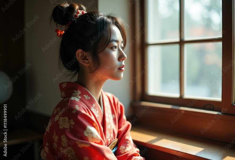 A woman in a red kimono looks out a window, sunlight streams in.