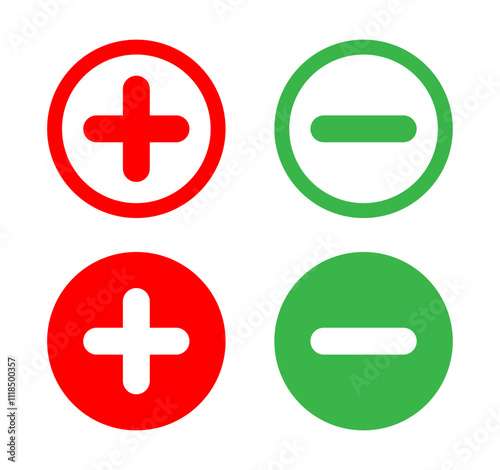 Plus, and minus icon in flat and outline style vector illustration on white background. Add and subtract icon in red and green color For web and website. 