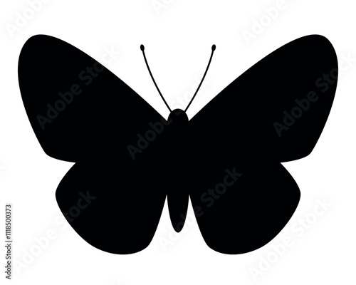 butterfly silhouette shape, black and white vector illustration of butterfly with spread wings, isolated on white