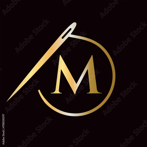 Letter M Tailor Logo, Needle and Thread Logotype for Garment, Embroider, Textile, Fashion, Cloth, Fabric Sign