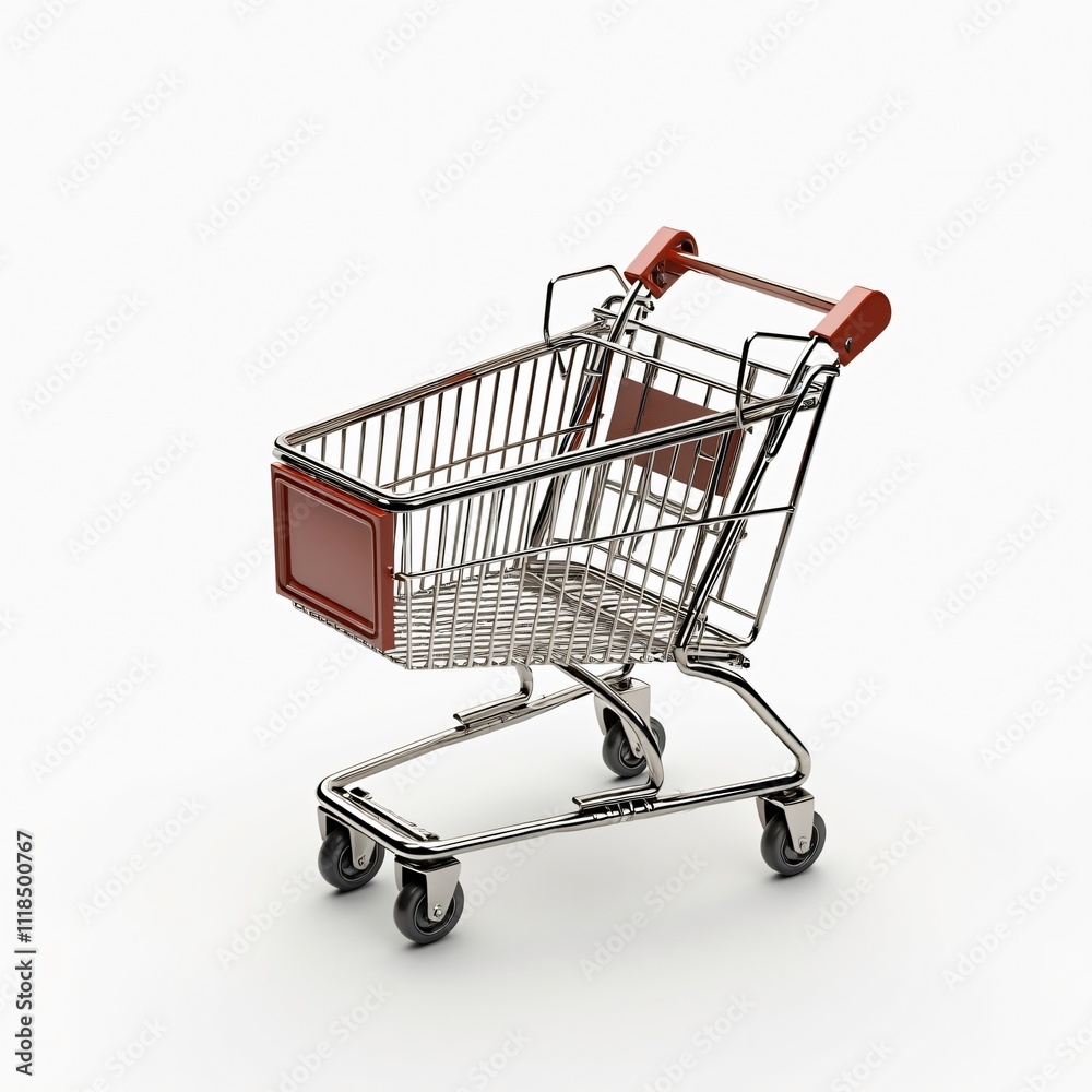 Minimalist Isometric Shopping Cart, Chrome and Red Detailed 3D Render on White Background Minimalist Isometric Shopping Cart, Chrome and Red Detailed 3D Render on White Background