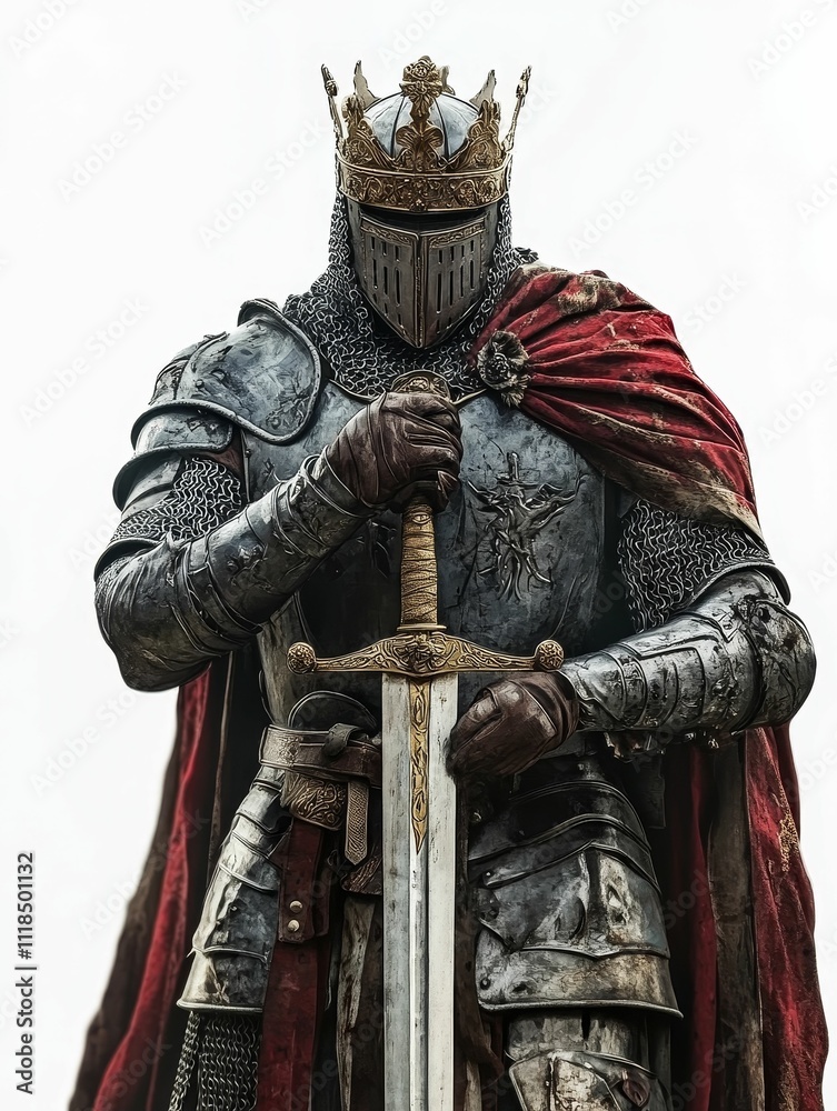 Obraz premium King in armor, holding sword, red cloak.