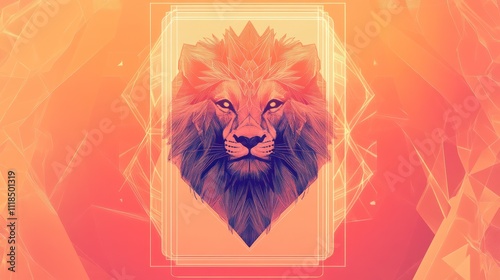 Geometric lion head portrait in warm orange tones. photo