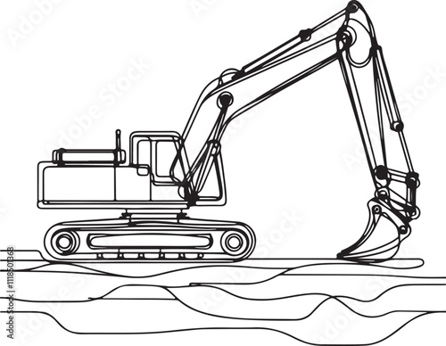 Minimalist Line Drawing of a Long Arm Excavator on White Background – Sleek and Modern Artwork