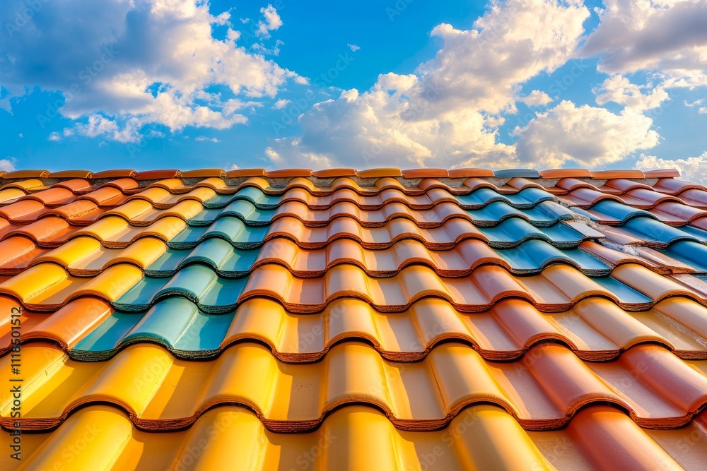 Fototapeta premium Picturesque Terracotta Roof Scene Under Bright Blue Sky with Lush Greenery Surrounding Charming Architecture