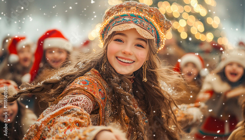 Smiling girl wearing kokoshnik dancing in front of christmas tree with children photo