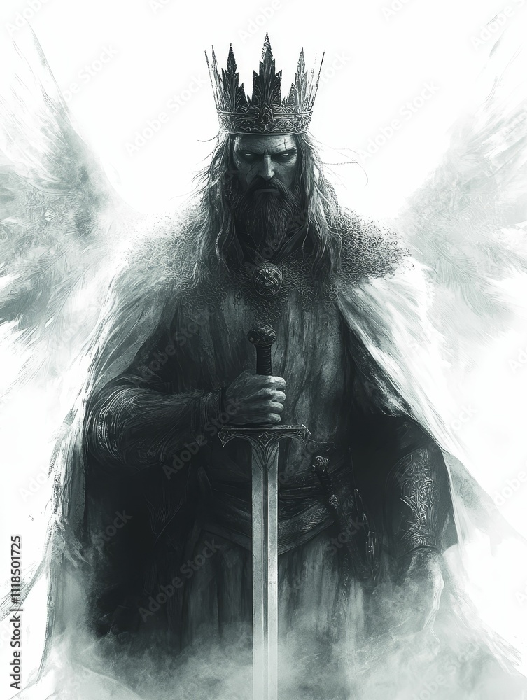 Obraz premium Dark king, winged, crowned, sword, grim.