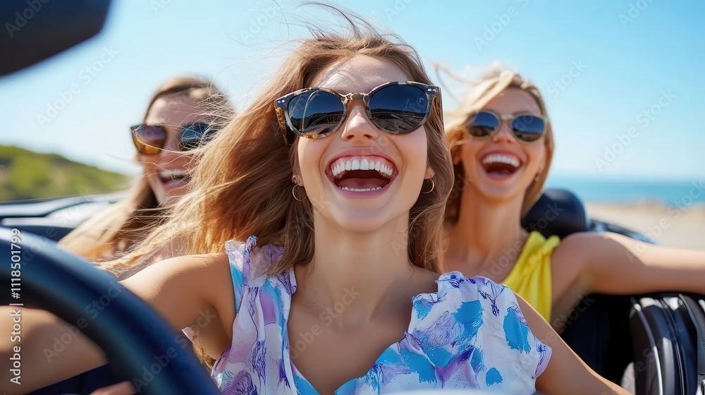 Three joyful women enjoy a sunny day, smiling widely as they take a road trip in a convertible along the scenic beach, embodying fun, freedom, and friendship. Three joyful women enjoy a sunny day, smiling widely as they take a road trip in a convertible along the scenic beach, embodying fun, freedom, and friendship.