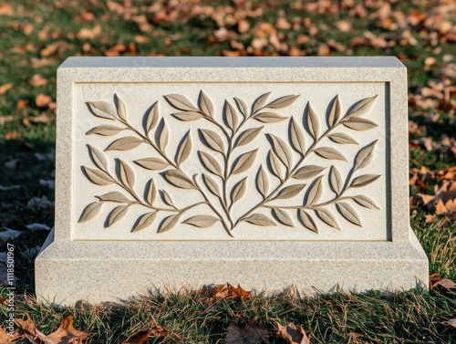 Always loved and remembered. Carved stone memorial featuring intricate leaf design.