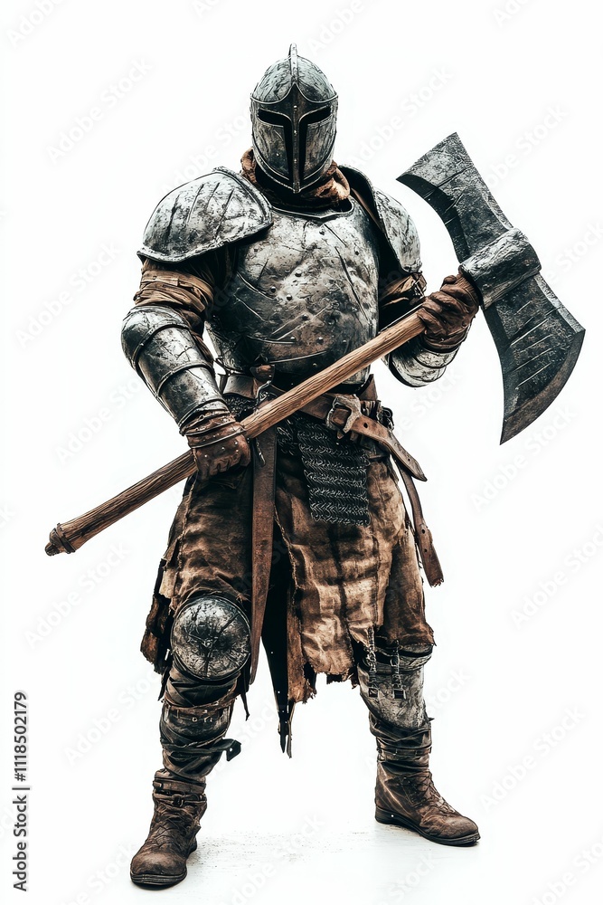 Armored warrior, large axe, weathered attire. Armored warrior, large axe, weathered attire.