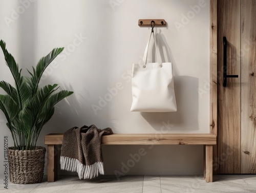 Minimalist entryway with wooden bench, tote bag, and plant.