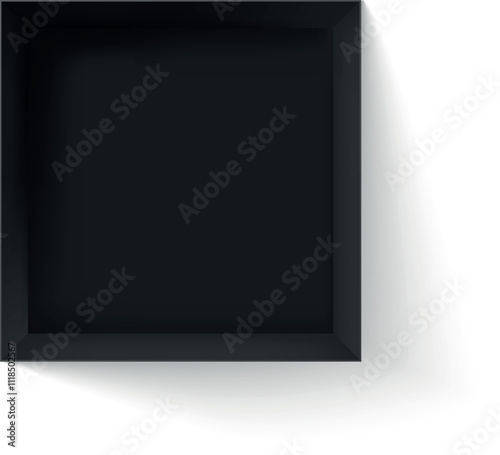 Open black square box mockup casting shadow on white background, empty cube package, pizza packaging mockup, dark paper gift box realistic 3d vector illustration