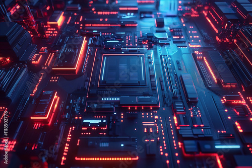 Concept CPU microchip for ai and data network. Close-up view of modern chip gpu card with neon lights