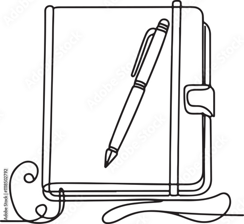 Minimalist Line Drawing of Notebook and Pen on White Background